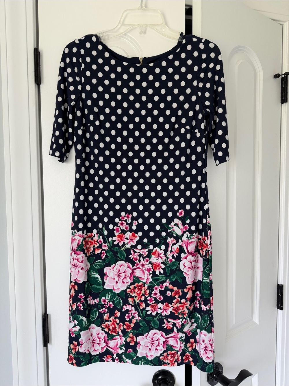 Eliza J Navy Blue White Polka Dot Floral Knee Length Zip Up Dress- Women Size 4